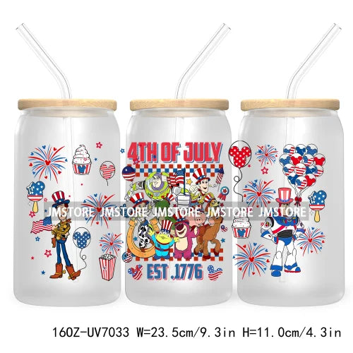 Happy 4TH Of July Cartoon Bear Friends 16OZ UV DTF Cup Wrap Transfer Stickers For Libbey Glass Can Cups Tumbler Waterproof Craft