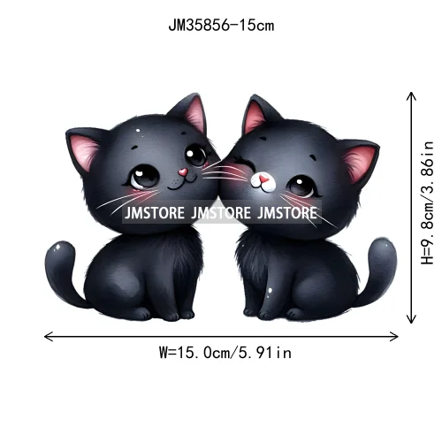15cm 5.9in Kids Cute Flower Heart Love Valentine Black Cat Iron On Heat Transfer Sticker For Clothes Print Vinyl Washable Decal