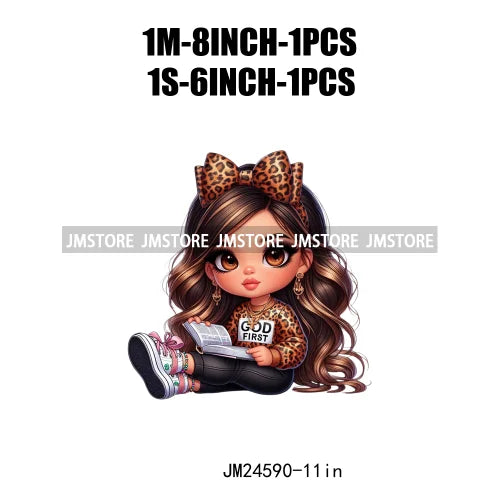 God First Chibi Cute Brown Hair Latina Dolls Baby Girls Coquette Bow Iron On DTF Transfer Stickers Ready To Press For Hoodies