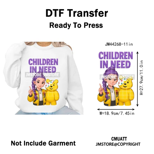 Cute Cartoon Bear Children in Need Charity Raising Kids Iron on Washable DTF Heat Transfers Stickers Ready to Press for Textiles