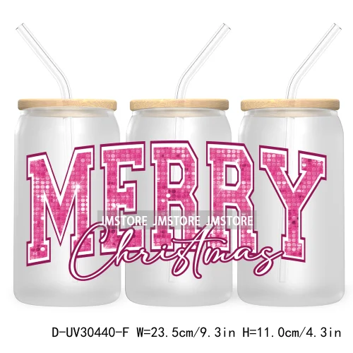 Merry And Bright Santa Baby New Year 16OZ UV Cup Wrap DTF Transfer Stickers For Libbey Glass Cups Tumbler Family Christmas Mommy