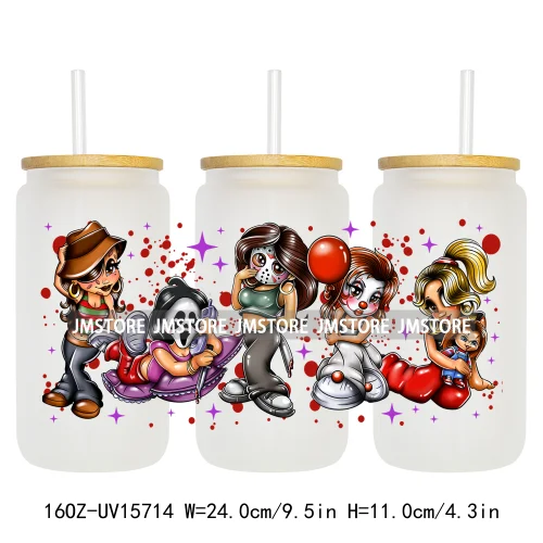 Funny Horror Halloween Characters UV DTF Wraps Transfer Sticker Selfadhesive Waterproof High Quality For 16OZ Libbey Glass Can