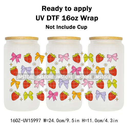 Floral Coquette Bow Strawberry Lemon Bookish UV DTF Wraps Transfer Sticker Waterproof Logo For 16OZ Libbey Glass Can Tumbler