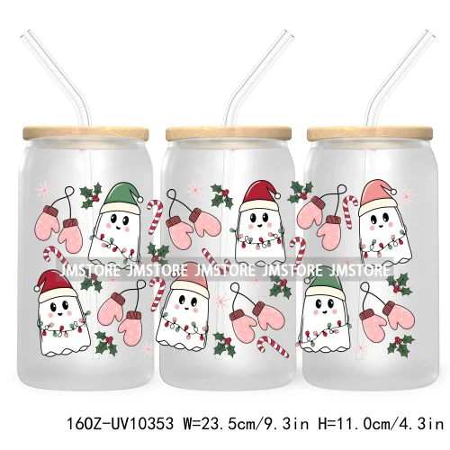 Retro Christmas Santa Claus 16OZ UV Cup Wrap DTF Transfer Stickers For Libbey Glass Can Cups Tumbler Cookie Gingerbread Dog Mom