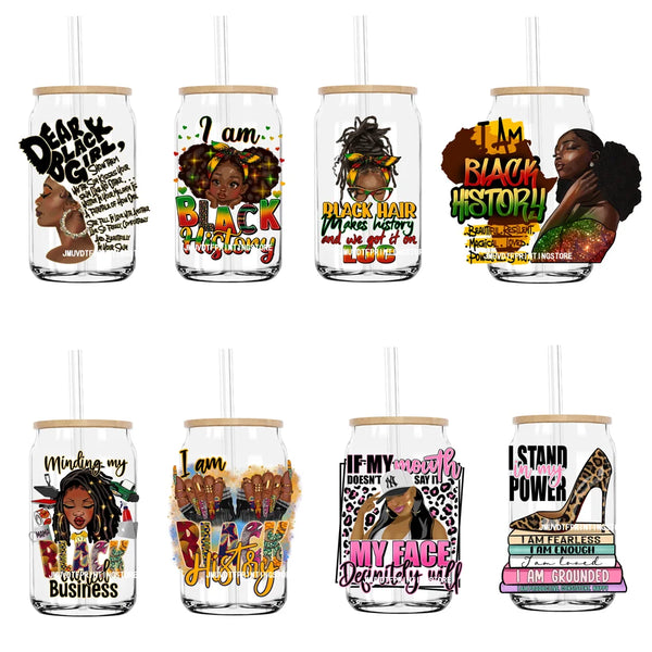 I Am Black History UV DTF Sticker For 16OZ Libbey Glass Cup Can Afro Girl Women Wrap Transfer Sticker Custom Labels DIY Logo