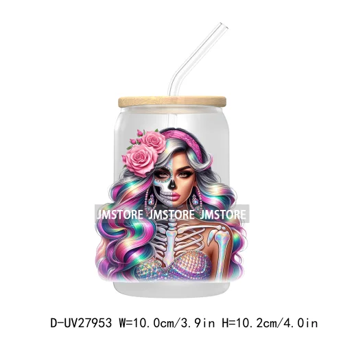 Rainbow Diamond Glamor Latina Skeleton UV DTF Transfer Stickers Decals For Libbey Cold Cups Mugs Tumbler Chicana Latina Woman