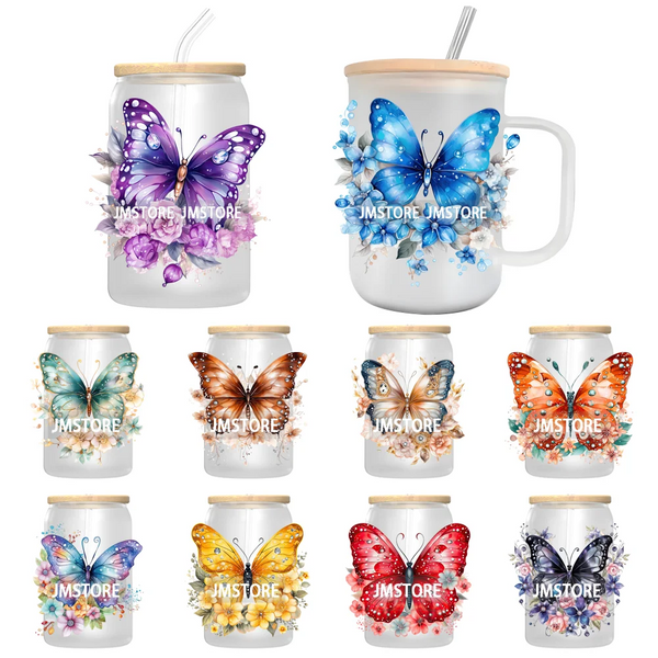 Watercolor Floral Butterflies UV DTF Transfer Stickers Decals Ready To Apply Waterproof For 16OZ Libbey Glass Can Cups Tumbler