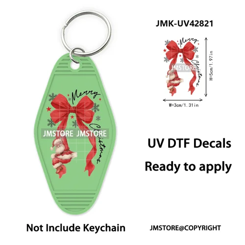 Holly Jolly Christmas Patchwork Santa UV DTF Motel Keychain Decal Ready To Ship Durable Transfer Stickers For Hotel Keychain