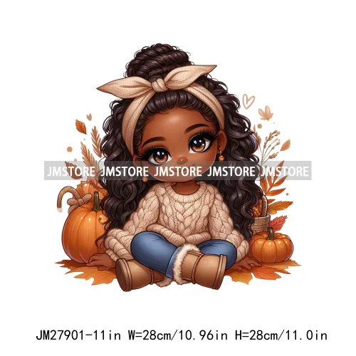 New Autumn Chibi Black Baby Girls Cartoon Afro Princess Pumpkin Fall Season DTF Iron On Heat Press Transfer Stickers For Hoodies