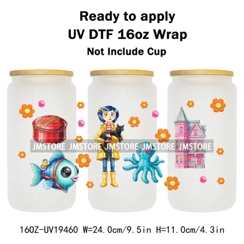 Horror Movie Witchy Girl Black Cat UV DTF Wraps Transfer Sticker Selfadhesive Waterproof High Quality For 16OZ Libbey Glass Can