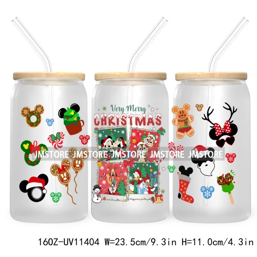 Merry Christmas Cartoon Couple 16OZ UV DTF Cup Wrap Ready To Apply For Libbey Glass Can Cup Tumbler Gingerbread Candy Cane Mouse