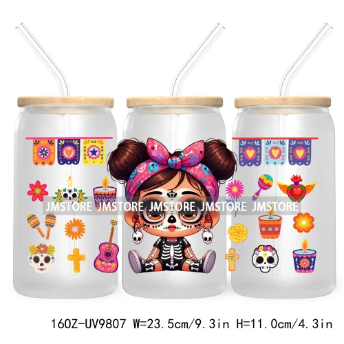 Day Of The Dead 16OZ UV DTF Cup Wrap Transfer Stickers Hispanic Chibi Baby Girl Custom Labels Waterproof For Libbey Glass Can