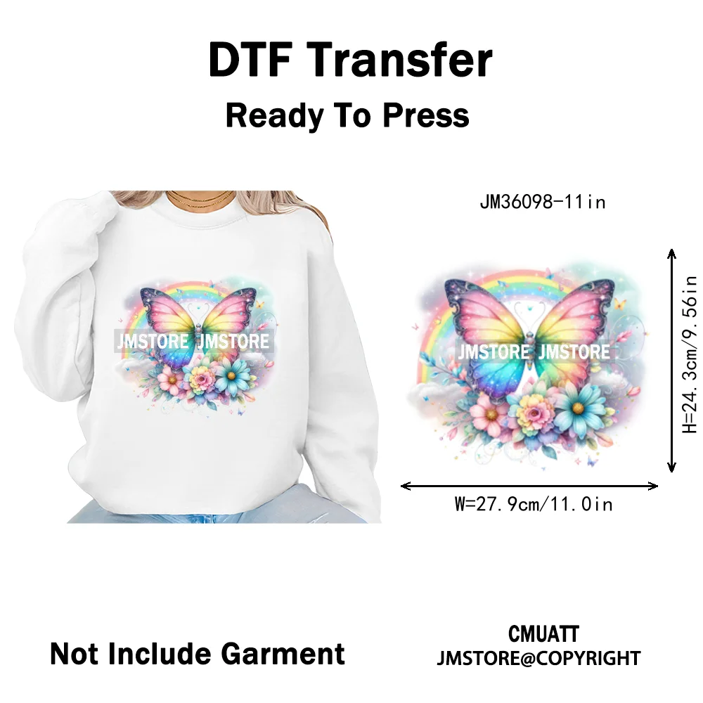 Colorful Sparkling Rainbow Butterflies Flowers Lovers Washable Iron on DTF Transfers Stickers Diy Ready to Press for Clothes