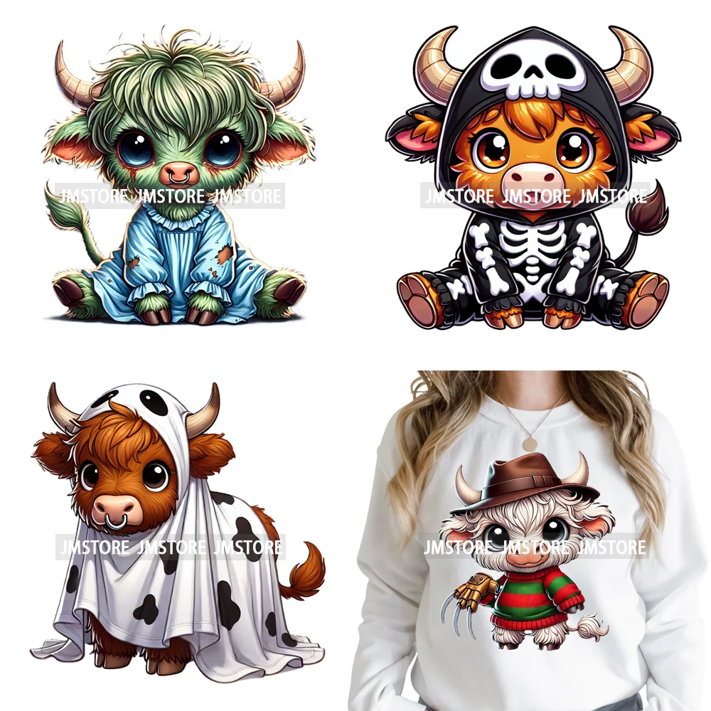 Horror Spooky Cartoon Baby Highland Cow Halloween Vibes Animal Iron on DTF Washable Transfers Sticker Ready to Press for Hoodies