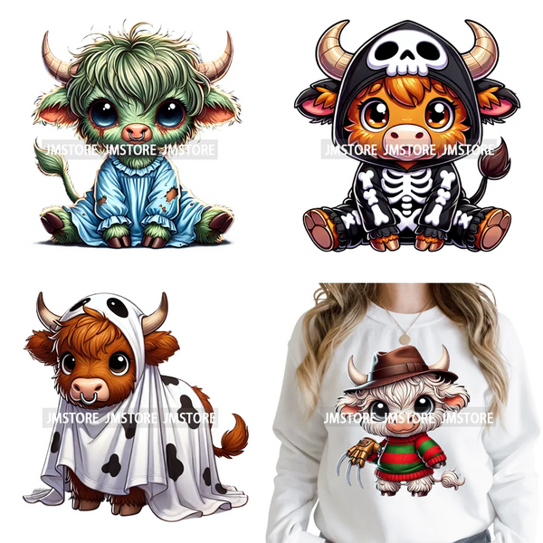 Horror Spooky Cartoon Baby Highland Cow Halloween Vibes Animal Iron on DTF Washable Transfers Sticker Ready to Press for Hoodies
