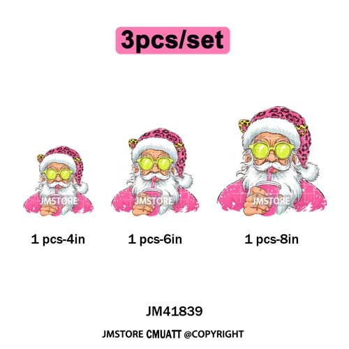 Pink Cartoon Glasses Coffee Drink Leopard Blowing Santa Claus Christmas Iron on DTF Transfer Stickers Ready to Press for T-shirt