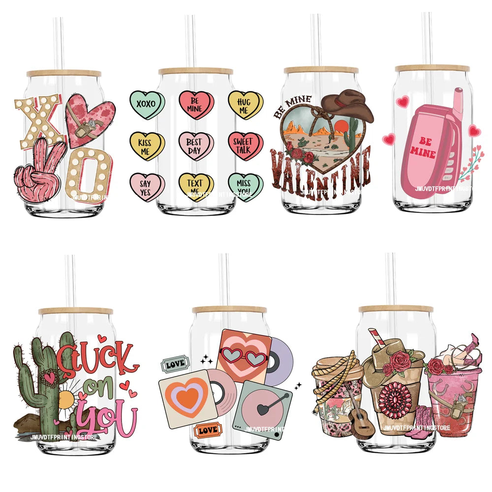 Candy Hearts Valentine's Day 16OZ UV DTF Cup Wrap Transfers Stickers Custom Labels DIY Waterproof Logo XOXO For Libbey Glass Can