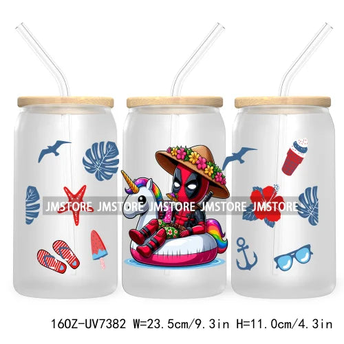 Hero Cartoon Summer Vacation 16OZ UV DTF Cup Wrap Transfers Stickers Custom Labels Durable Waterproof Logo For Libbey Glass Can