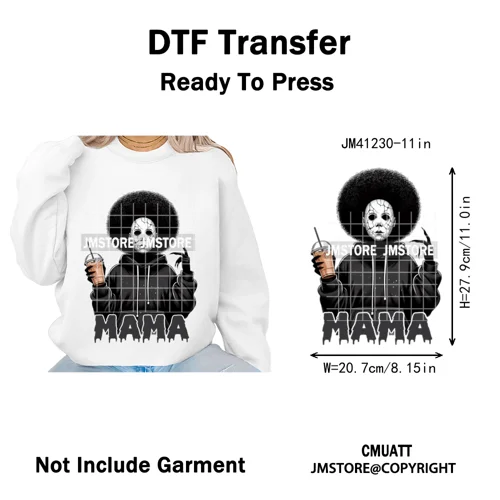 Black Girls Coffee Drinking Halloween Scary Movie Killer Mama Iron on Washable DTF Transfers Stickers Ready to Press for Clothes