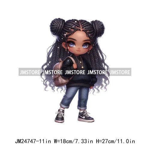 Dreadlocks Coffee Chibi Black Girls Pink Fashion African American Denim Girl Iron On DTF Heat Press Transfer Stickers For Shirts