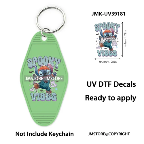 Spooky Halloween Cartoon Character Couple UV DTF Motel Keychain Wrap Ready To Apply Waterproof High Quality Hotel Keychain Decal