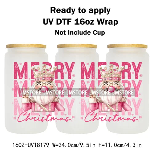 Faux Glitter Preppy Nutcracker Christmas UV DTF Cup Wrap Ready To Apply Transfer Sticker 16OZ Tumbler Wraps For Libbey Glass Can