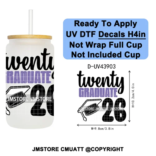 College Grad Class Of 2026 UV DTF Cup Decals Ready To Apply Transfer Stickers Durable Custom Labels For Libbey Glass Can Mugs