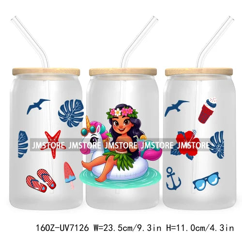 Cartoon Princess's Summer Vacation 16OZ UV DTF Cup Wrap Transfers Stickers For Libbey Glass Can Cups Tumbler Waterproof Craft