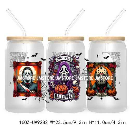 Scary Movies Halloween 16OZ UV DTF Cup Wrap Transfer Stickers Custom Labels Waterproof Logo For Libbey Glass Can Spooky Season