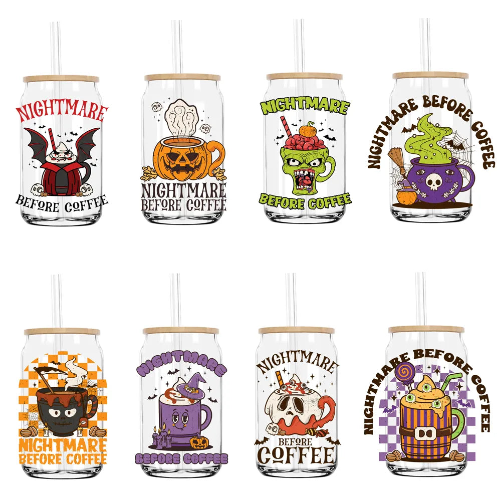 Retro Nightmare Before Coffee UV DTF Transfers Stickers Decals For Libbey Cold Cups Mugs Tumbler Waterproof DIY Craft