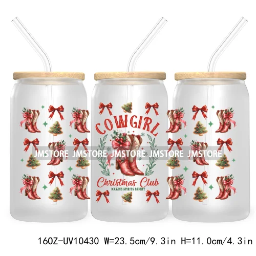 Merry Mama Social Club UV DTF Cup Wraps Transfers Sticker For 16OZ Libbey Glass Can Holiday Christmas Santa Tree Coquette Bow