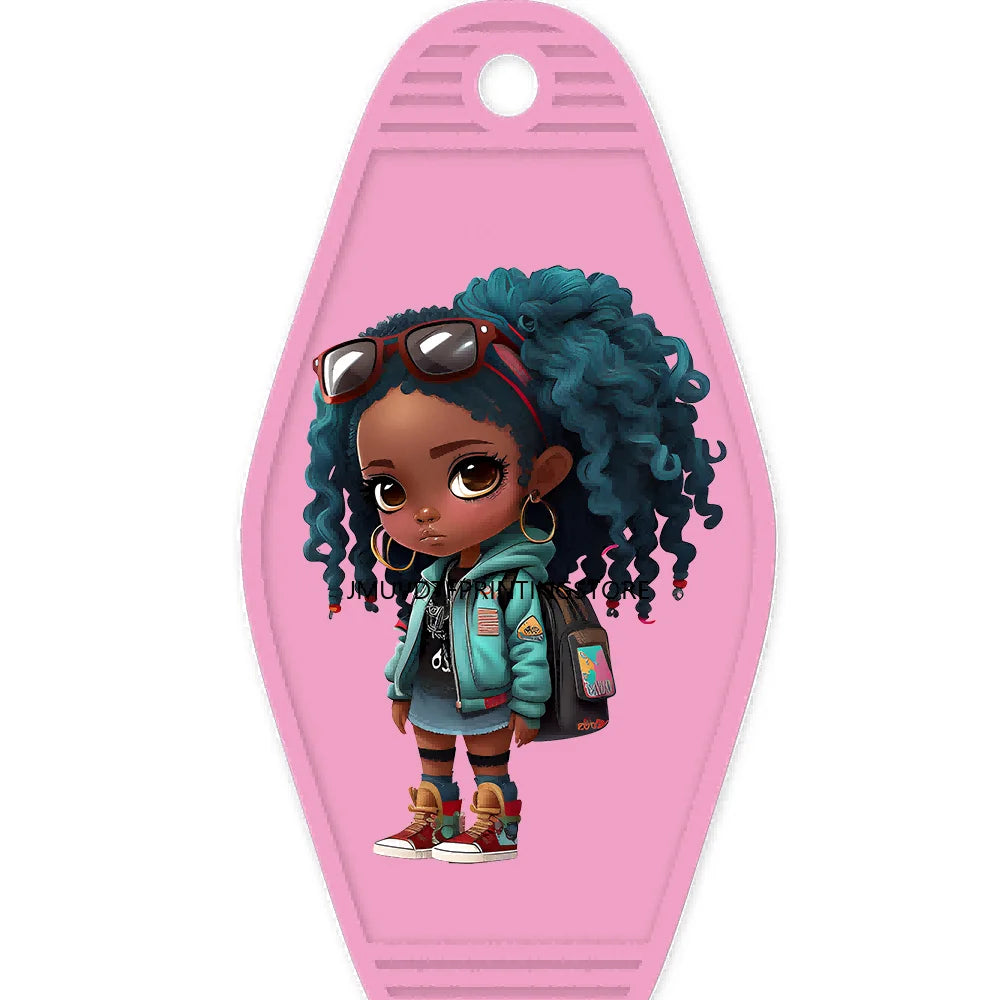 School Melanin Black Girls With Luggage High Quality WaterProof UV DTF Sticker For Motel Hotel Keychain Afro Children