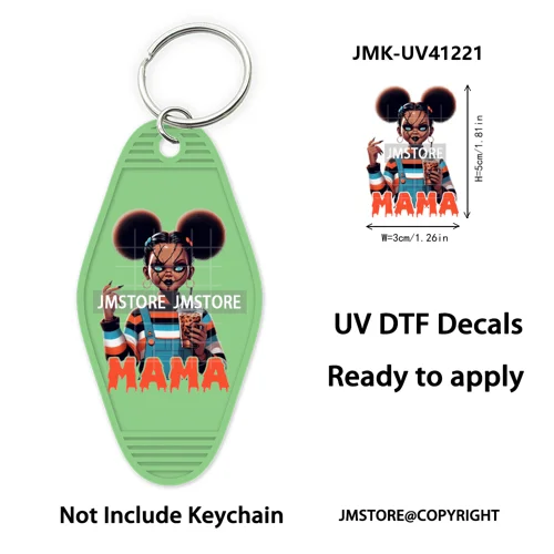 Horror Character Mama Coffee Lover UV DTF Motel Keychain Decal Ready To Ship Durable Transfer Stickers Prints For Hotel Keychain