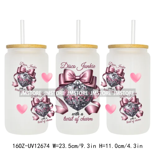 Iced Coffee Girly Pink Cherry Coquette Bow UV DTF Sticker For 16OZ Libbey Glass Cup Can Wrap Transfer Stickers Custom Labels