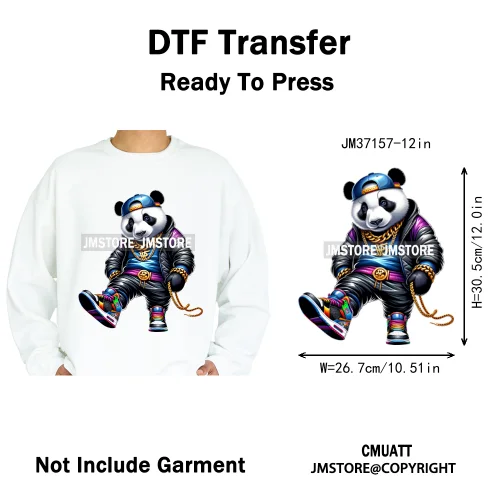 12in Colorful Gangster Urban Hip Hop Music Panda Dog Animal Lover Iron on DTF Heat Transfer Stickers Ready to Press for Clothing