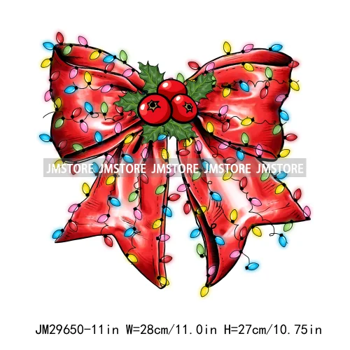 Funny Merry And Bright Christmas Coquette Xmas Light Bow Printing Iron On DTF Transfers Stickers Ready To Press For Clothing