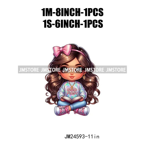 God First Chibi Cute Brown Hair Latina Dolls Baby Girls Coquette Bow Iron On DTF Transfer Stickers Ready To Press For Hoodies