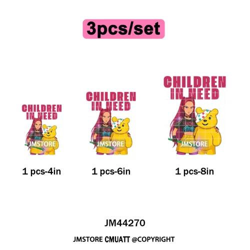 Cute Cartoon Bear Children in Need Charity Raising Kids Iron on Washable DTF Heat Transfers Stickers Ready to Press for Textiles