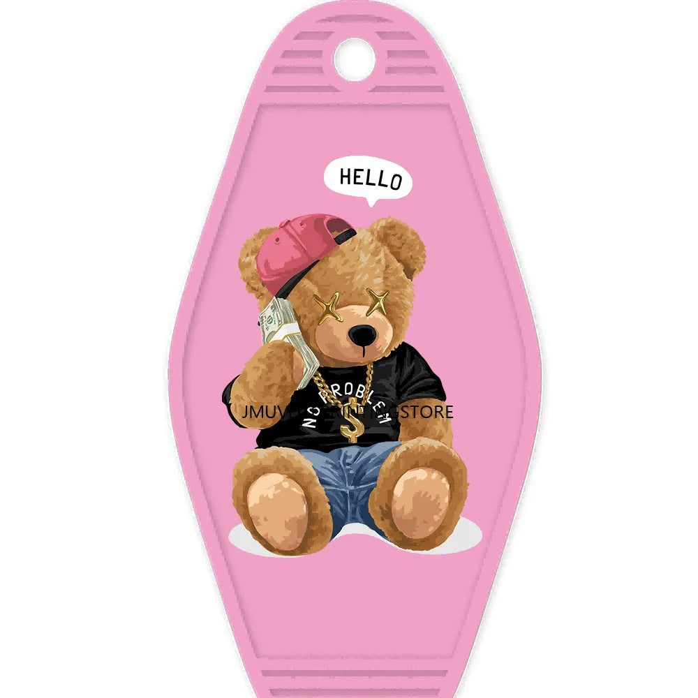 Famous Hustle Bear High Quality WaterProof UV DTF Sticker For Motel Hotel Keychain Colorful Teddy Bears