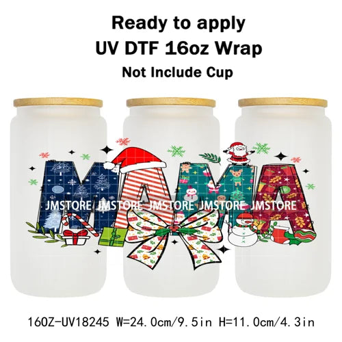 Christmas Mama Mini Coquette Family Xmas 16OZ UV DTF Cup Wraps Ready To Apply Waterproof Transfer Stickers For Libbey Glass Can