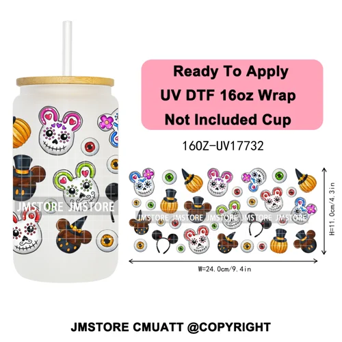 Halloween Cupcake Cartoon Character Ghost 16OZ UV DTF Cup Wraps Ready To Apply Waterproof Transfer Stickers For Libbey Glass Can
