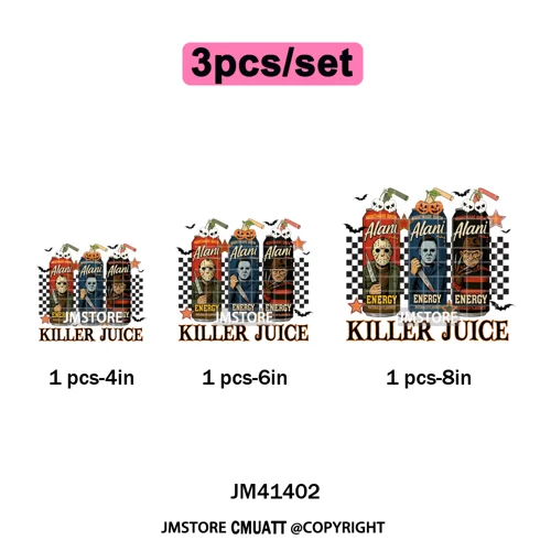 Spooky Soda Can Killer Checkered Horror Characters Drink Halloween Iron on DTF Heat Transfer Stickers Ready to Press for Textile
