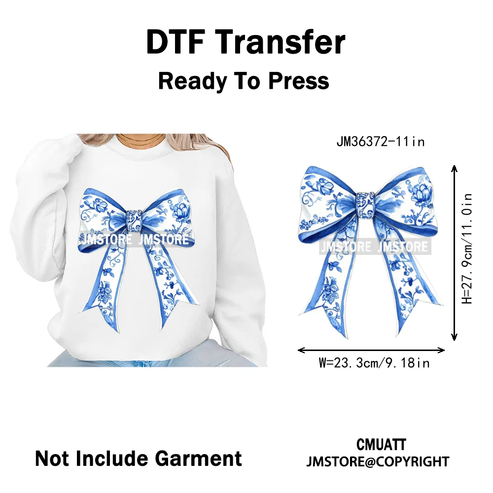 Blue And White Toile Chinoiserie Floral Coquette Bow Thermal Decals Iron on DTF Transfers Stickers Ready to Press for Clothing