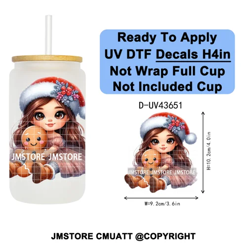 Floral Christmas Latina Chibi Girl UV DTF Transfer Stickers Decals Ready To Apply Good Quality Prints For Libbey Cold Cup Mugs