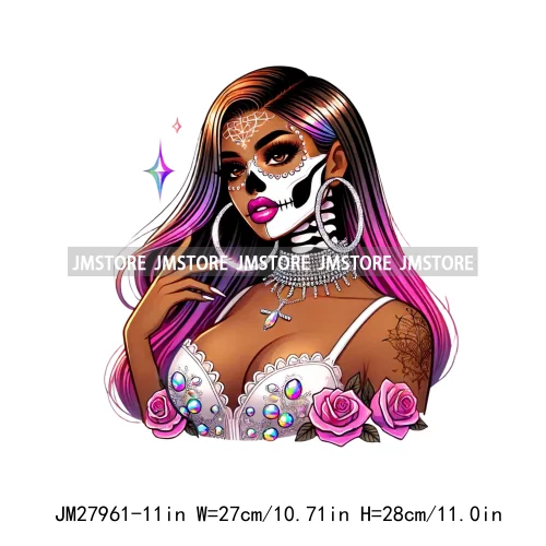 Raninbow Diamond Glamor Latina Skeleton Woman Rose Chicana  Earing Girls DTF Iron On Heat Press Transfer Stickers For Clothes