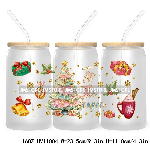 Coquette Glitter Holly Jolly Christmas Tree UV DTF Cup Wrap For Libbey Glass Can Transfer Stickers Waterproof Custom Labels Gift