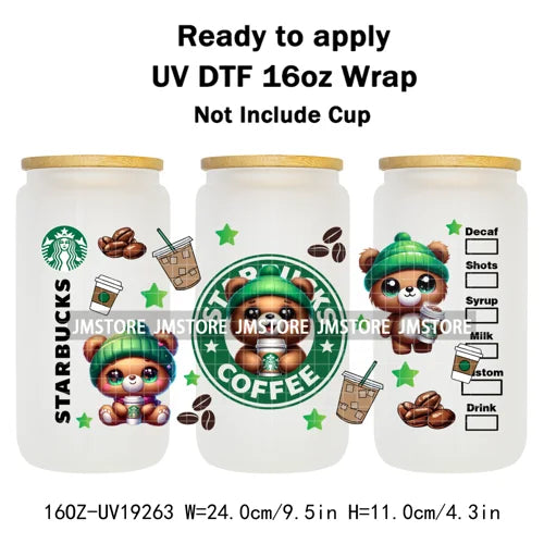 Trendy Girls Coffee Cartoon Bears 16OZ UV DTF Cup Wraps Ready To Apply Waterproof Transfer Stickers For Libbey Glass Can Tumbler
