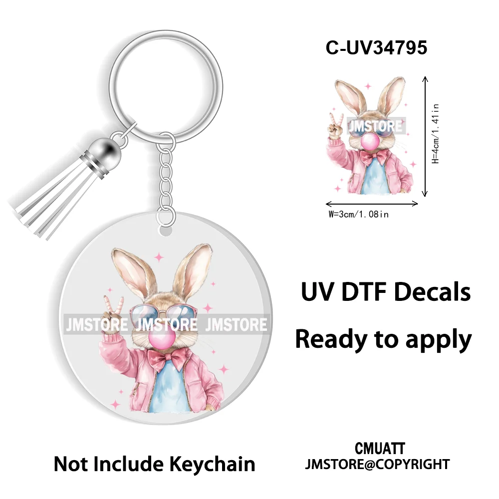 Faux Sequin Glitter Happy Easter Bow Retro Easter Bunny Blowing Bubble UV DTF Stickers for Round Circle Acrylic Keychain Keyring