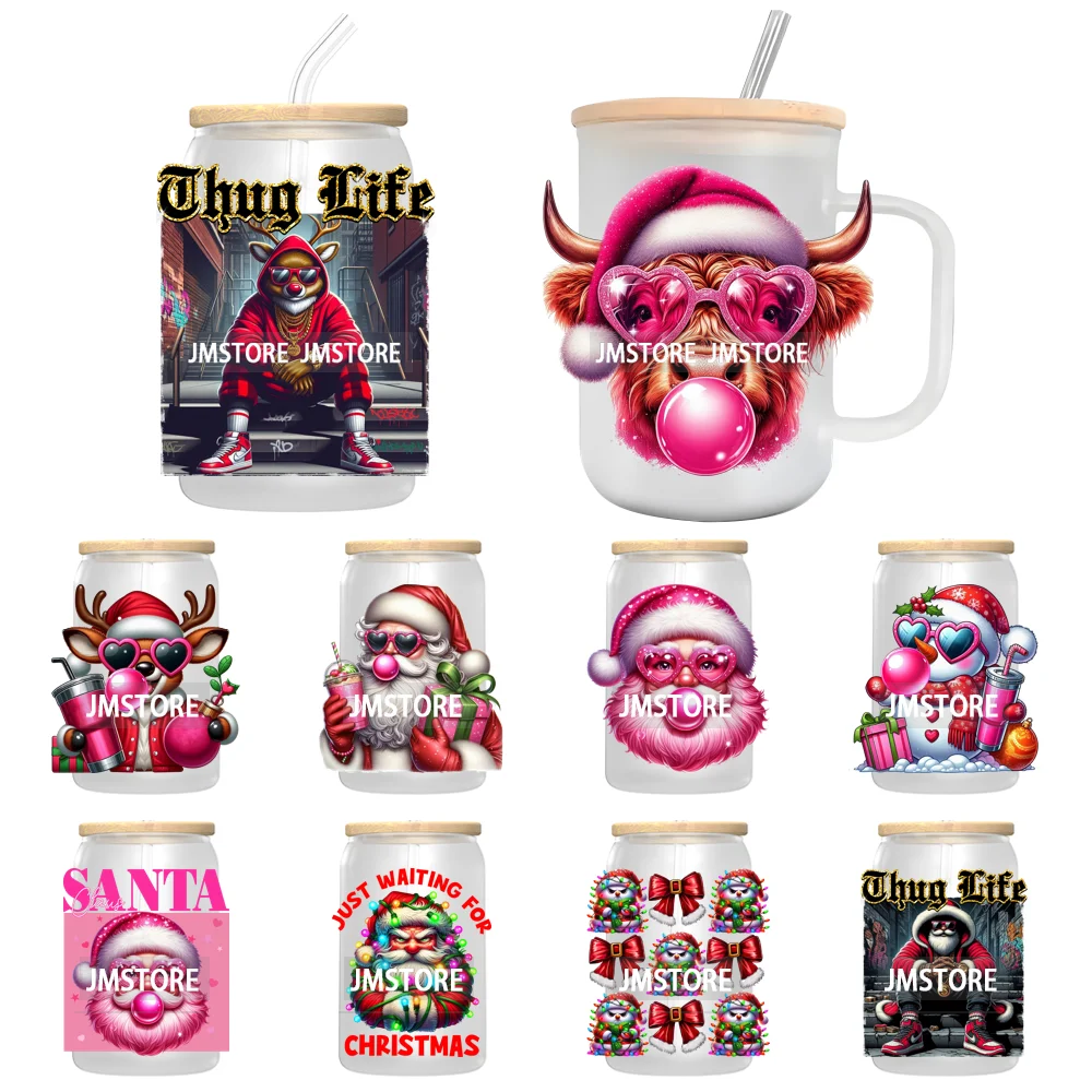 Retro Santa Christmas Blowing Bubble UV DTF Transfer Stickers Decals For Libbey Cold Cups Mugs Tumbler Waterproof Craft Xmas Mom