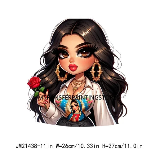 Chibi Cute Chicana Doll Guadalupe Lady Skull Latina Woman Cold Peel Decals Iron On DTF Transfers Stickers For Shirts Bags Pillow